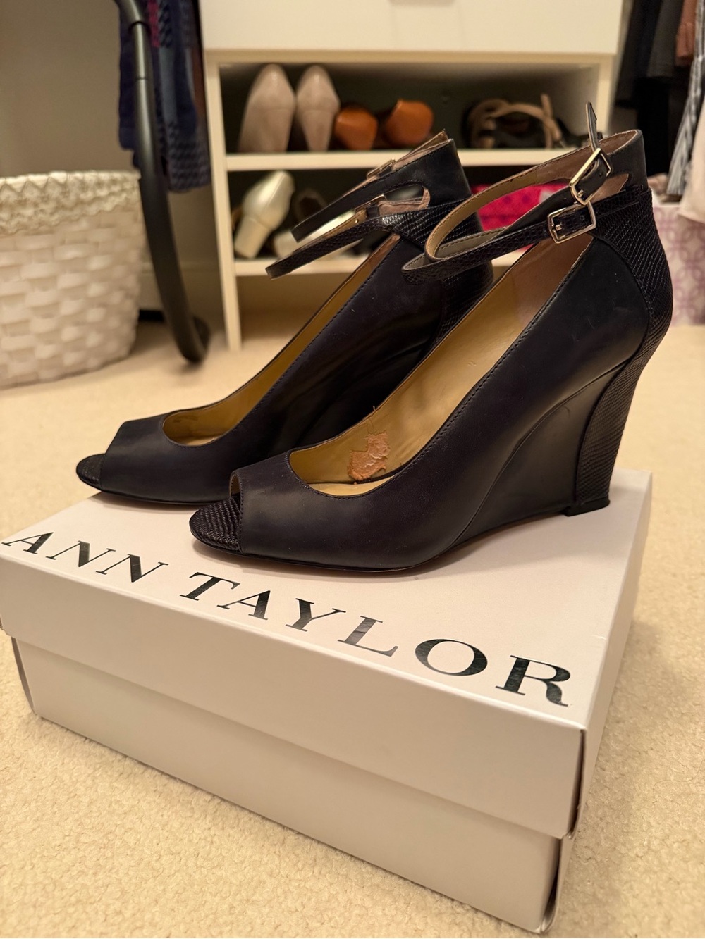 Ann Taylor Black Peep-Toe Ankle-Strap Wedge Sandals